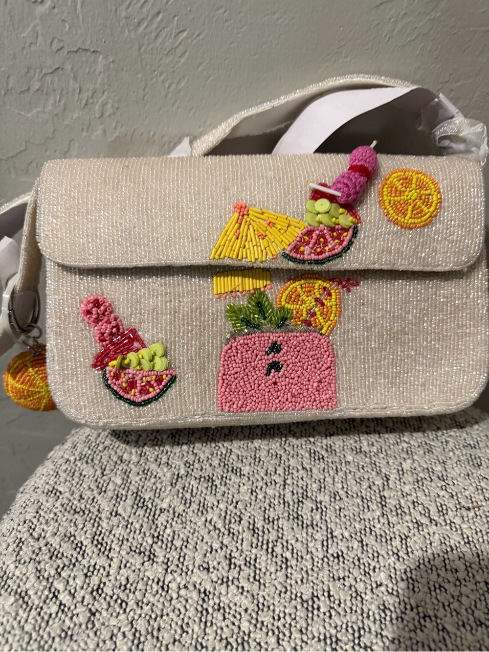 Beaded Tropical Embellished White Shoulder Bag